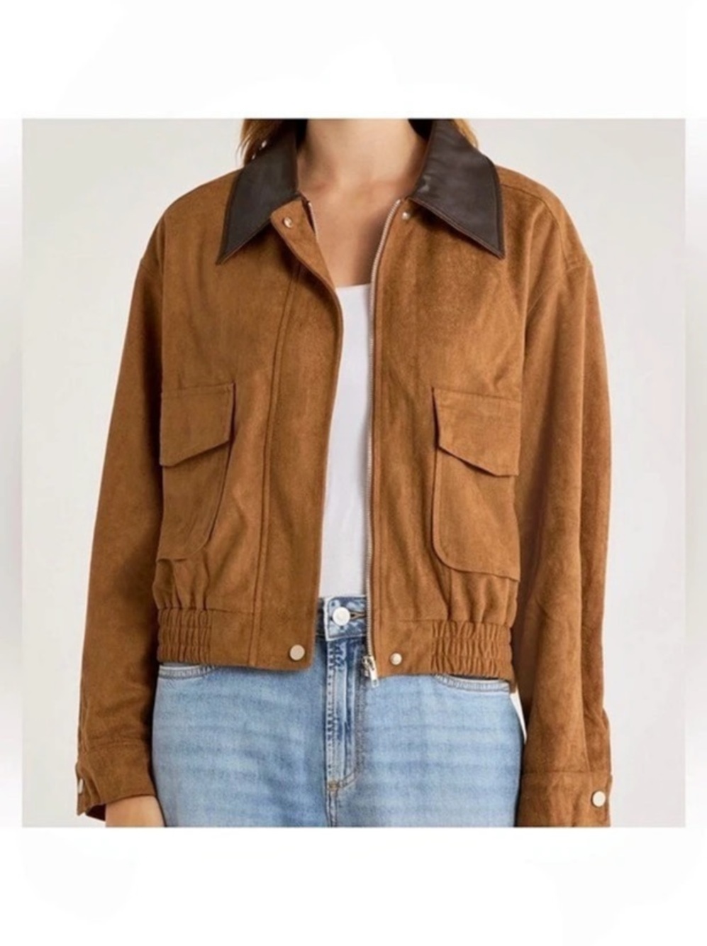 NWT Women's Elodie Faux Leather Collar Faux Suede Crop Jacket Size Large